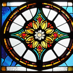A colorful stained glass window with traditional patterns, showcasing different types of glass (stained, fused, dichroic). Include tools like a glass cutter and soldering iron in the scene.
