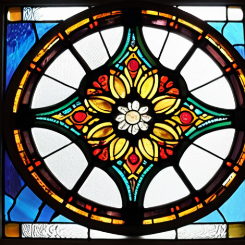 Home 15 A colorful stained glass window with traditional patterns, showcasing different types of glass (stained, fused, dichroic). Include tools like a glass cutter and soldering iron in the scene.