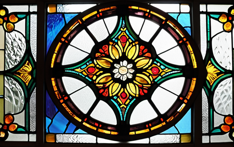 A colorful stained glass window with traditional patterns, showcasing different types of glass (stained, fused, dichroic). Include tools like a glass cutter and soldering iron in the scene.