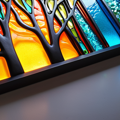Home 14 "Vibrant, iridescent fused glass art, with small, colorful glass fragments seamlessly merging into an elegant, luminous design. Light filters through the translucent and opaque sections, creating magical reflections and a sense of depth and transformation. The artwork embodies creativity and wonder, with a smooth, flowing appearance, hinting at a new life given to glass. Ultra-detailed, artistic photography, soft studio lighting."