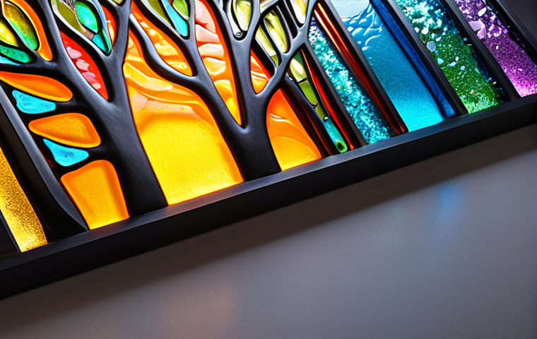 "Vibrant, iridescent fused glass art, with small, colorful glass fragments seamlessly merging into an elegant, luminous design. Light filters through the translucent and opaque sections, creating magical reflections and a sense of depth and transformation. The artwork embodies creativity and wonder, with a smooth, flowing appearance, hinting at a new life given to glass. Ultra-detailed, artistic photography, soft studio lighting."