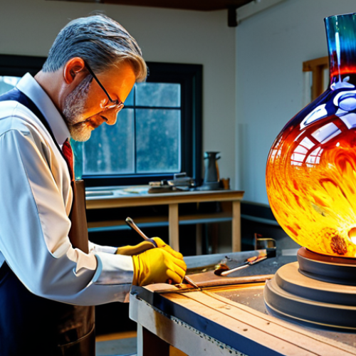 Home 7 **
"A skilled glass artist, fully clothed in professional attire, carefully shaping molten glass in a well-lit studio. The scene showcases the intricate tools and vibrant colors of the glass. Background includes finished pieces on display. Safe for work, appropriate content, modest, professional setting, perfect anatomy, natural proportions, high quality."
**
